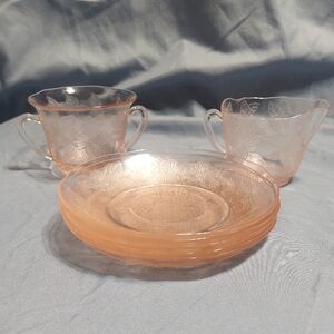 VTG MACBETH-EVANS Dogwood Pink Depression Glass 5 Saucers & Creamer / Sugar Set